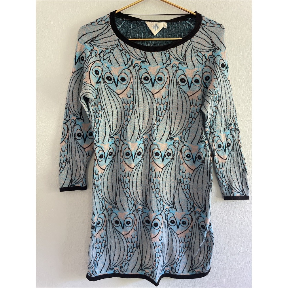 HWR Anthropologie All Over Art Owl Knit Tunic Sweater Dress Sz S Mod Whimsical